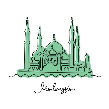 Illustration for Crystal Mosque, Malaysia continuous line colourful vector illustration - Royalty Free Image