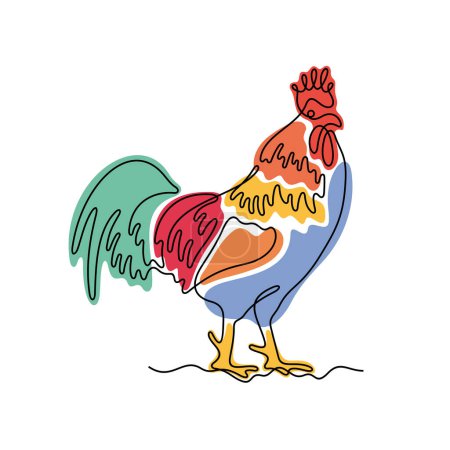 Illustration for Rooster continuous line colourful vector illustration - Royalty Free Image