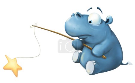 Cute Cartoon Character Hippo Fisherman for you Design and Computer Game. Book Illustration 