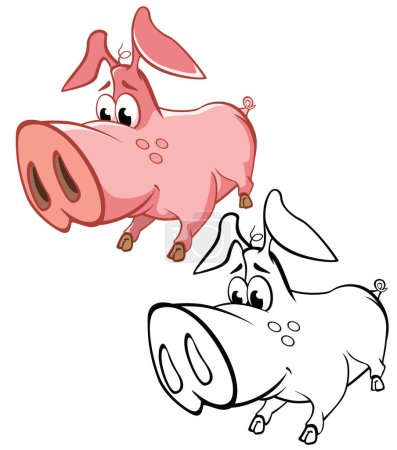 Illustration for Vector Illustration of a Cute Cartoon Character Pig for you Design and Computer Game. Coloring Book Outline Set - Royalty Free Image