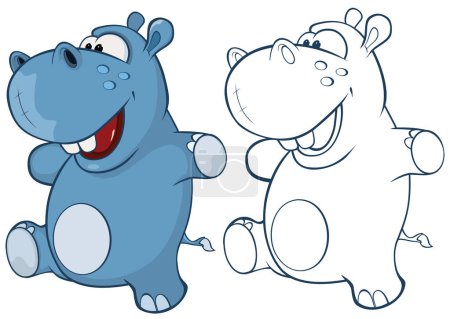 Téléchargez les illustrations : Illustration vectorielle d'un Hippo de personnage de bande dessinée mignon pour vous Conception et jeu d'ordinateur. Ensemble de contour de livre à colorier - en licence libre de droit