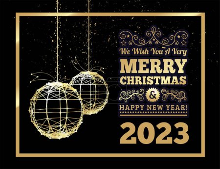 Illustration for Congratulations on the New Year 2023 on the background of Christmas tree balls. Vector illustration on black background. Gold on black - Royalty Free Image