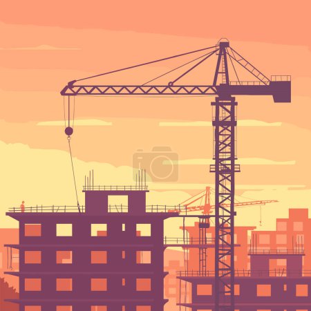 Grue de chantier sur un chantier de construction sur fond de bâtiments en construction. Illustration vectorielle plate