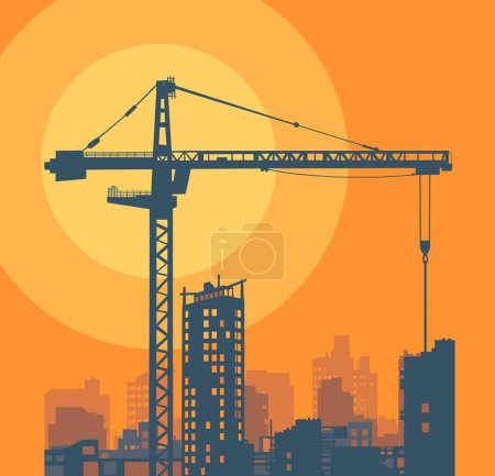 Construction crane on a construction site against the background of buildings under construction. Vector flat illustration