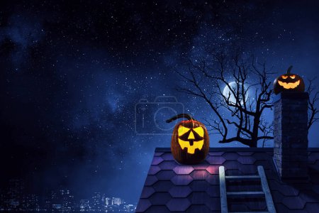 Photo for Halloween image with spooky pumpkins. Mixed media - Royalty Free Image