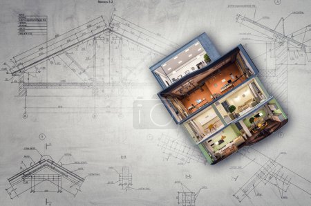Téléchargez les photos : Maison comme un symbole de l'immobilier et de la construction. Techniques mixtes - en image libre de droit