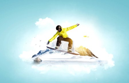 Photo for Snowboarder and Alps landscape. Mixed media - Royalty Free Image