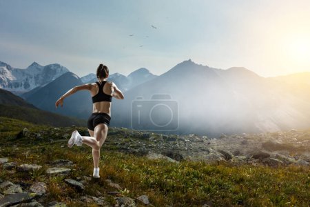 Photo for Woman running for exercising, fitness and healthy lifestyle. Mixed media - Royalty Free Image
