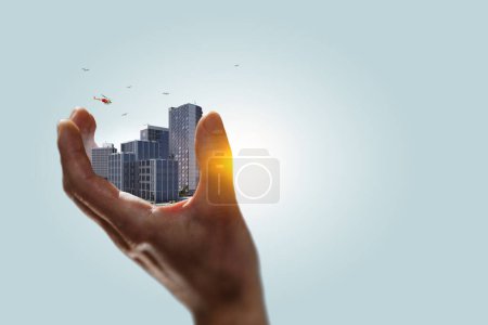 Photo for Real estate concept with floating cityscape. Mixed media - Royalty Free Image