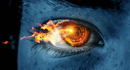 Téléchargez les photos : Macro image de l'œil humain en feu. Techniques mixtes - en image libre de droit