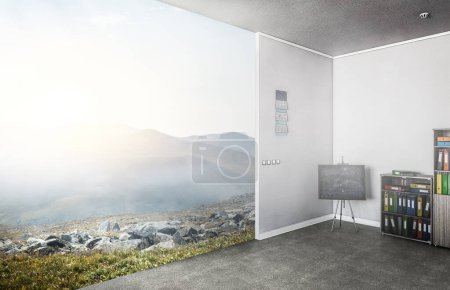 Photo for Natural living room interior without one wall. Mixed media - Royalty Free Image