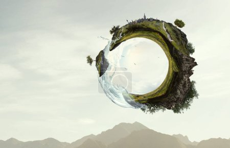 Photo for Green sphere landscape with grass and clear water. Mixed media - Royalty Free Image