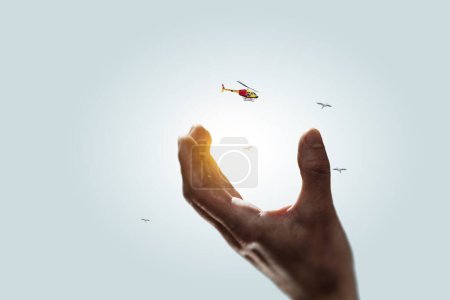 Téléchargez les photos : Flying helicopters in the sky. Mixed media - en image libre de droit