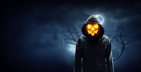 Photo for Scary and creepy male monster standing in the darkness. Concept for Halloween. Mixed media - Royalty Free Image