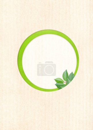 Téléchargez les photos : Round shape hole and green leaves on cardboard texture. Vertical banner with eco paper texture. Paper cardboard background. Ecology and zero waste concept. Copy space for text - en image libre de droit