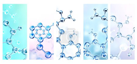Téléchargez les photos : Set of vertical banners with models of abstract molecular structure. Collection of backgrounds with glass atom model. Copy space for your text. Mock up template. 3d render - en image libre de droit