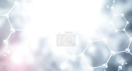 Photo for Horizontal banner with model of abstract molecular structure. Background of blue color with atom and sparks. Copy space for your text. 3d render - Royalty Free Image