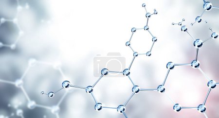 Photo for Horizontal banner with model of abstract molecular structure. Background of blue color with atom and sparks. Copy space for your text. 3d render - Royalty Free Image