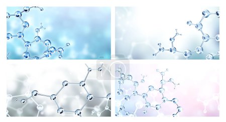 Photo for Set of horizontal banners with models of abstract molecular structure on blue background. Copy space for your text. Mock up template. 3d render - Royalty Free Image