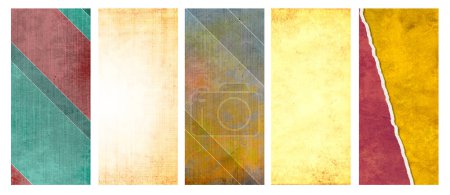 Foto de Set of vertical or horizontal banners with old paper texture and retro patterns with strips. Vintage backgrounds with grunge paper material - Imagen libre de derechos