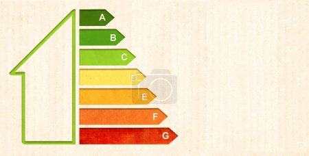 Photo for Energy efficiency chart on cardboard texture. Horizontal banner with eco paper texture and energy efficiency house symbol. Energy class, bio energetic and ecology concept. Copy space for text - Royalty Free Image