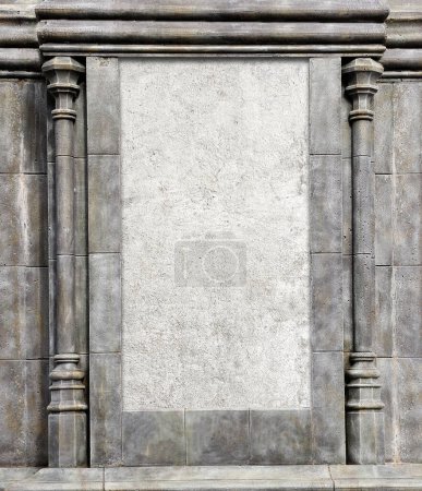 Foto de Retro background with frame and ancient carved stone columns. Vertical backdrop with geometric stone bas-relief. Mock up template. Copy space for text - Imagen libre de derechos