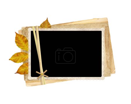 Photo for Retro photo and autumn leaf. Vintage elements for scrapbooking. Isolated on white background. Mock up template. Copy space for text - Royalty Free Image