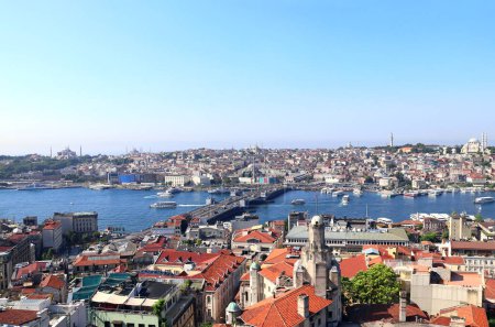 Téléchargez les photos : Vue aérienne d'Istanbul, de la mosquée Suleymaniye et du Bosphore, Turquie. Vue de dessus depuis la tour Galata. Vue aérienne des quartiers historiques d'Istanbul - en image libre de droit