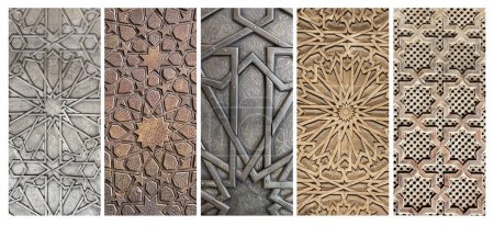 Téléchargez les photos : Set of vertical or horizontal banners with traditional islamic ornament on wooden and metal doors. Window shutters with antique iranian pattern. Ornament with carving for wood and chasing for brass - en image libre de droit