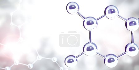 Téléchargez les photos : Horizontal banner with model of abstract molecular structure. Background of gray color with glass atom model. Copy space for your text. 3d render - en image libre de droit