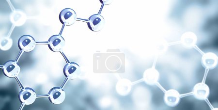 Foto de Horizontal banner with model of abstract molecular structure. Background of blue color with glass atom model. Copy space for your text. 3d render - Imagen libre de derechos