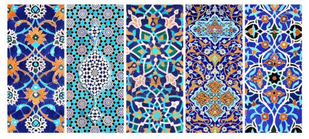 Photo for Set of vertical or horizontal banners with detail of ancient mosaic walls with floral and geometric ornaments. Collection of backgrounds with traditional iranian tile decorations - Royalty Free Image