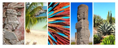 Foto de Collection of vertical banners with scenes and landmarks of Mexico -  cactus garden, sunny beach, bas-relief of mayan king Pakal, atlantean in Tula. Travel, vacation and tourism concept - Imagen libre de derechos