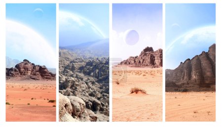 Téléchargez les photos : Set of vertical banners with fantastic landscapes with sand desert, rock and planets in sky. 3d render. Elements of this image furnished by NASA - en image libre de droit