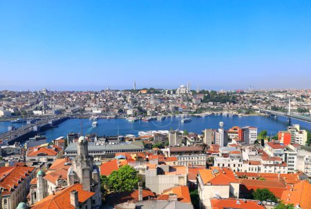 Téléchargez les photos : Vue aérienne d'Istanbul, de la mosquée Suleymaniye et du Bosphore, Turquie. Vue de dessus depuis la tour Galata. Vue aérienne des quartiers historiques d'Istanbul - en image libre de droit