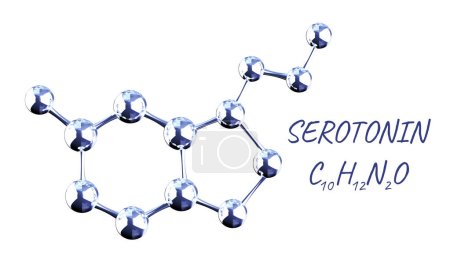 Téléchargez les photos : Formule chimique de sérotonine - hormone du bonheur. Modèle moléculaire de l'hormone sérotonine. Isolé sur fond blanc. Peut être utilisé pour la présentation des sciences et de l'éducation. 3d rendu - en image libre de droit