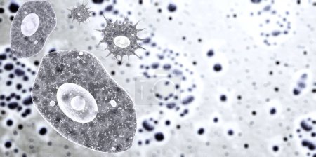 Photo for Horizontal or vertical banner with pathogenic bacterias and viruses. Amoeba under microscope. Fast multiplication of bacteria. Infection and microbe. Copy space for text. 3d render - Royalty Free Image