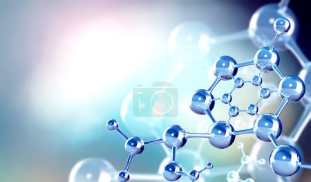 Foto de Horizontal banner with model of abstract molecular structure. Background of blue color with glass atom model. Copy space for your text. 3d render - Imagen libre de derechos