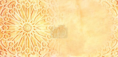 Foto de Fondo grunge con textura de estuco y antiguo ornamento tallado, Marruecos. Banner horizontal o vertical con adorno en estilo marroquí. Plantilla falsa. Copiar espacio para texto - Imagen libre de derechos