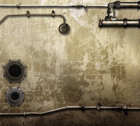 Téléchargez les photos : Fond steampunk vintage avec tuyaux sur mur en stuc. Espace ouvert avec mur en béton et pipelines. Maquette avec espace de copie. Fond intérieur grunge. 3d rendu - en image libre de droit