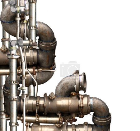 Photo for Vintage steampunk decoration with pipes. Retro pipelines and pipe elbow. Industrial backdrop with old pipeline. Oil, gas or steam pipeline with fittings and valves. Isolated on white background - Royalty Free Image