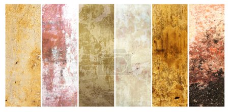 Foto de Conjunto de pancartas horizontales o verticales con texturas de pared de estuco antiguo de diferentes colores - gris, amarillo, rojo y marrón. Colección de textura de antiguas paredes enlucidas - Imagen libre de derechos
