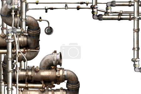 Téléchargez les photos : Décoration steampunk vintage avec tuyaux. Pipelines rétro et coude de tuyau. Fond industriel avec vieux pipeline. Gazoduc d'huile, de gaz ou de vapeur avec raccords et vannes. Isolé sur fond blanc - en image libre de droit