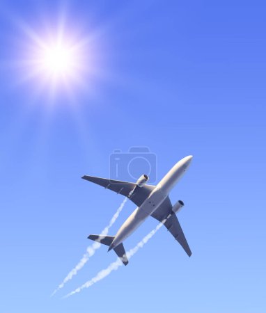 Téléchargez les photos : Fond naturel vertical avec avion et Jet traînant de la fumée dans le ciel. Avion et piste de condensation. Foggy jet de piste et avion dans le ciel bleu avec le soleil. Concept de voyage dans le monde - en image libre de droit