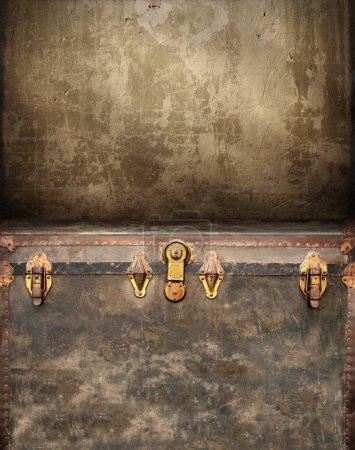 Photo for Retro background with stucco wall and vintage wooden chest upholstered in leather with brass snaps. Product display template. Vertical steampunk style backdrop. Mock up template. Copy space for text - Royalty Free Image