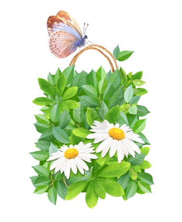 Photo for Responsible consumption. Butterfly and shopping bag made from green leaves and flowers. Eco-friendly business. Ecology and zero waste concept. Isolated on white background - Royalty Free Image
