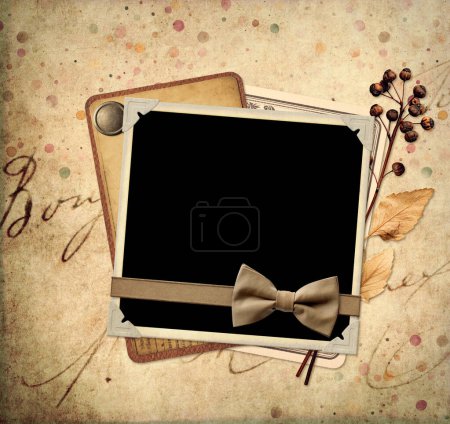 Photo for Retro background with old photo, dry leaf and berries, vintage paper cards on paper texture. Nostalgic square scrapbooking backdrop. Mockup template. Copy space for text - Royalty Free Image