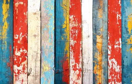 Foto de Textura de tableros de madera vintage con pintura agrietada de color blanco, rojo, amarillo y azul. Fondo retro horizontal con tablones de madera antiguos de diferentes colores - Imagen libre de derechos