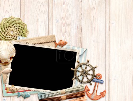 Photo for Vintage travel background with retro photo and envelope, postcard, small wooden fish and shell on old wood plank. Horizontal vacation backdrop. Mock up template. Copy space for text - Royalty Free Image
