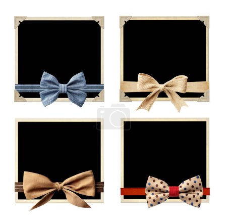 Photo for Set of old photo with tape and bow. Nostalgic scrapbooking collection with square photoframes and decorative bows. Isolated on white background. Mockup template. Copy space for text - Royalty Free Image